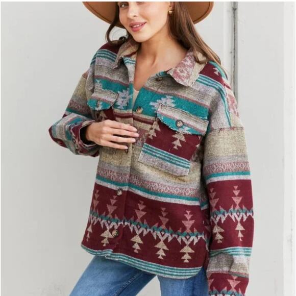 Burgundy, Teal & Tan Western Tribal Aztez Print Button Front Shacket - Picture 1 of 8